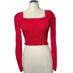 Topshop Smocked Long Sleeve Red Crop Top 4